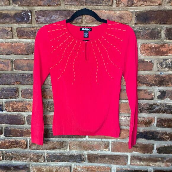 Cabo Red Embellished Keyhole Ribbed Knit Top Women's Size Small - Picture 1 of 5
